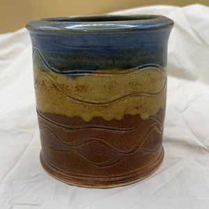 Blue/Tan/Brown Decorative OpenTop Pottery Canister
